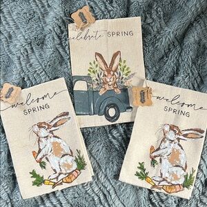Set of 3 - Spring Bunny Decorative Towels - Neutral, Green, Orange Accents